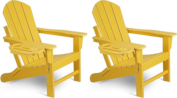 Adirondack Chair Set of 2, HDPE Folding Adirondack Chair with Multifunctional Cup Holder, Weather Resistant Fire Pit Chair for porches, patios, patios, poolsides, Decks.