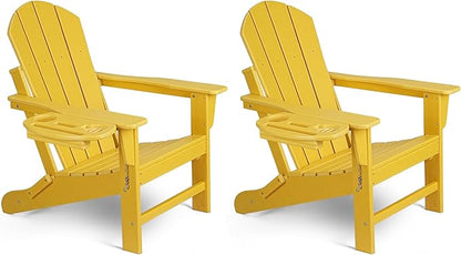 Adirondack Chair Set of 2, HDPE Folding Adirondack Chair with Multifunctional Cup Holder, Weather Resistant Fire Pit Chair for porches, patios, patios, poolsides, Decks.