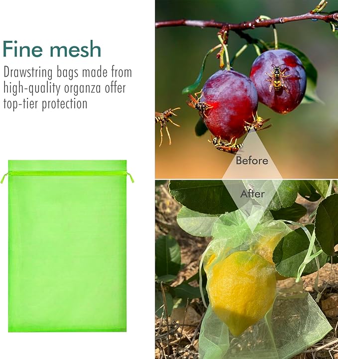 Fruit Protection Bags, Fetanten 40 PCS 8 x 12 Inch Mesh Drawstring Bag for Fruit Trees, Small Green Garden Fruit Plant Netting Cover Bag Protect Tomato Apple Mango Grape from Bird Insect Pest