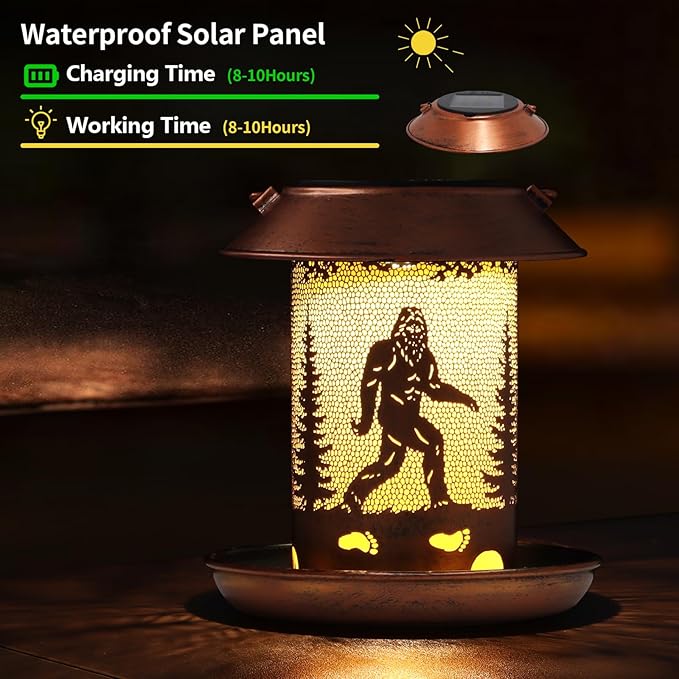 Bird Feeders for Outdoors Solar Lanterns Outdoor Waterproof Bigfoot Hanging Garden Decor Birthdays for Women Mom Metal Solar Decoration Outside for Yard, Patio, Lawn(Sasquatch Pattern)