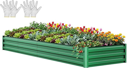 YITAHOME 12x4x1ft Large Raised Garden Bed Kit, Galvanized Metal Planter Box with Gloves, Ground Nails, Support Rod, Outdoor Above Ground Planters for Plants Vegetables Flowers, Green