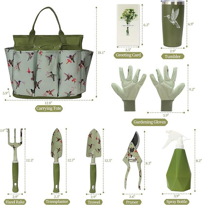 Garden Tool Set with Hummingbird Print, Heavy Duty Gardening Hand Tools with Garden Tool Bag,Gardening Gifts for Women&Men,Green