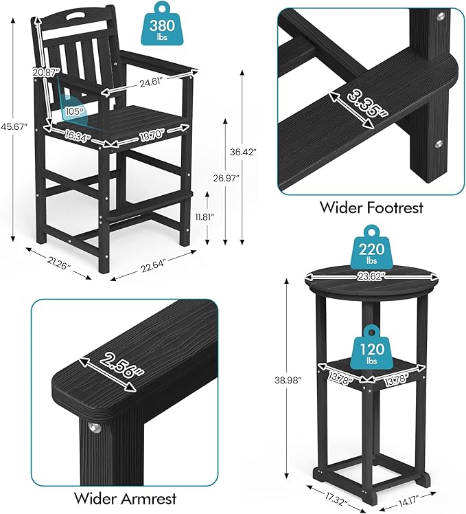 Ciokea Balcony Chairs and Table 3 Pieces Set, Outdoor High Top Bar Set, HDPE Oversized Adirondack Bar Chairs Set of 2 and Round Table for Outside Dining Bistro Poolside Backyard, Black