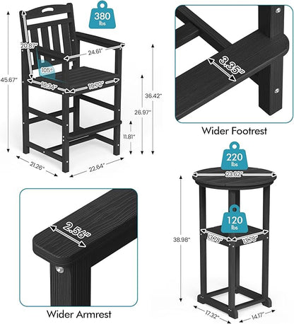 Ciokea Balcony Chairs and Table 3 Pieces Set, Outdoor High Top Bar Set, HDPE Oversized Adirondack Bar Chairs Set of 2 and Round Table for Outside Dining Bistro Poolside Backyard, Black