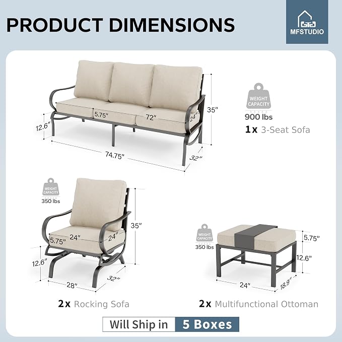 MFSTUDIO 5 Pieces Patio Conversation Sets,Outdoor Metal Furniture Sofas with 1 x 3-Seat Sofa, 2 x Rocking Chairs,2 x Ottoman,Wrought Iron Frame with Beige Cushion for Patio Courtyard Balcony