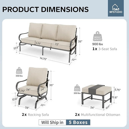MFSTUDIO 5 Pieces Patio Conversation Sets,Outdoor Metal Furniture Sofas with 1 x 3-Seat Sofa, 2 x Rocking Chairs,2 x Ottoman,Wrought Iron Frame with Beige Cushion for Patio Courtyard Balcony