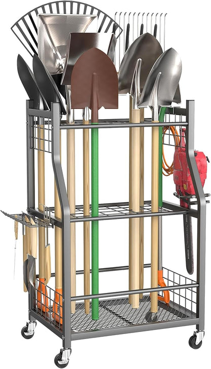 TORACK Garden Tool Organizer with Wheels, Rakes Shovels Yard Tools Stand for Garage, Shed, Garden, Indoor/Outdoor Long-Handled Tools Cart(Mid-size)