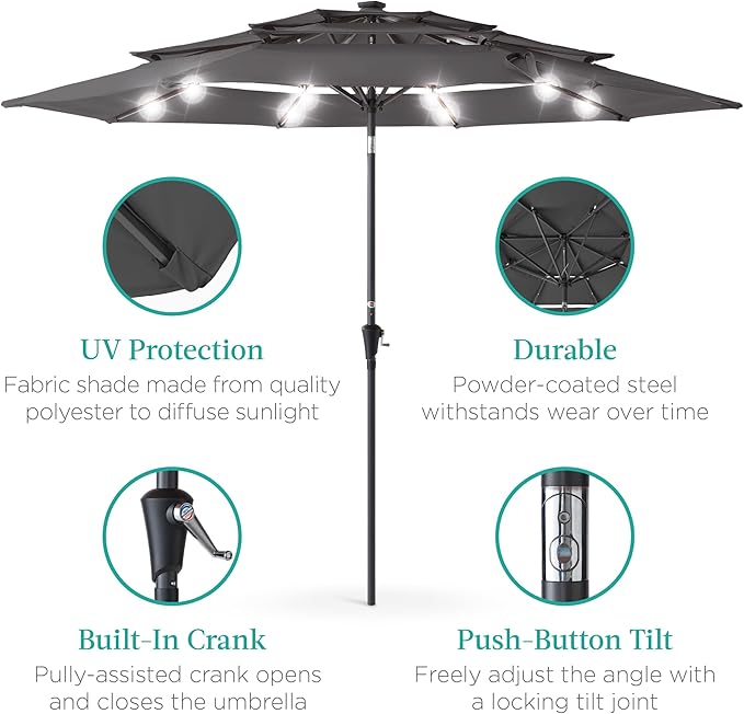 Best Choice Products 10ft 3-Tier Solar Patio Umbrella, Outdoor Market Sun Shade for Backyard, Deck, Poolside w/ 24 LED Lights, Tilt Adjustment, Easy Crank, 8 Ribs - Gray