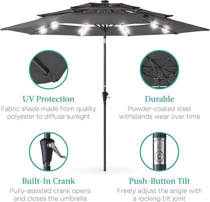 Best Choice Products 10ft 3-Tier Solar Patio Umbrella, Outdoor Market Sun Shade for Backyard, Deck, Poolside w/ 24 LED Lights, Tilt Adjustment, Easy Crank, 8 Ribs - Gray