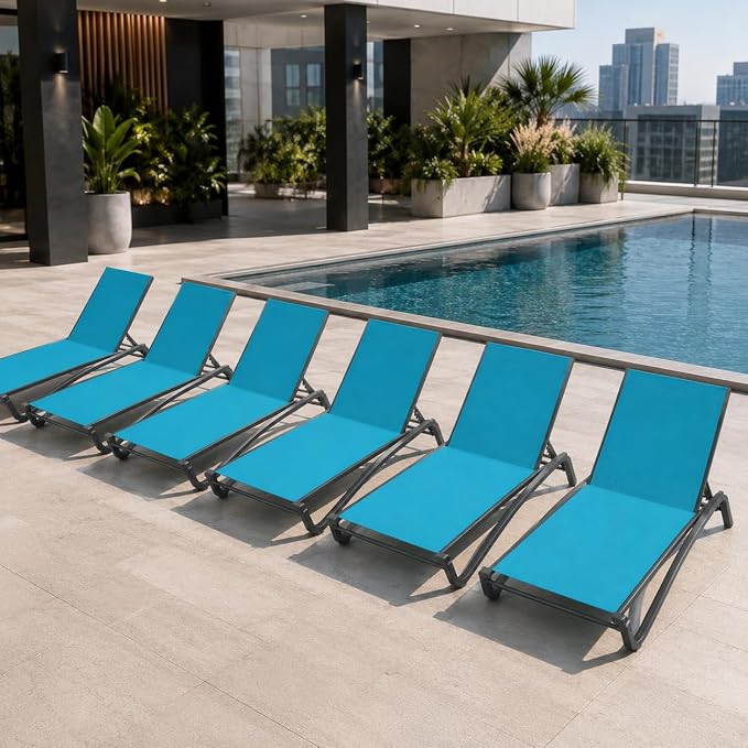 Patio Chaise Lounge Chairs Set of 6, All-Weather Aluminum Pool Loungers for Outside, 5-Position Adjustable Sunbathing Chairs for Tanning, Stackable for Backyard, Poolside, Sky Blue