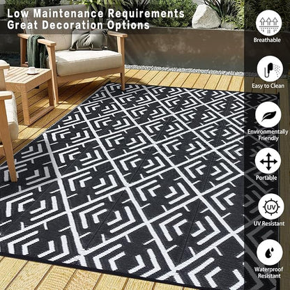 HUGEAR Outdoor Rug Mats, Large Waterproof Outdoor Area Rug, Reversible Portable Outdoor Plastic Straw Carpet for RV Deck Camping Front Door Indoor Outside Porch Picnic (5x8ft Geometric Black&White)