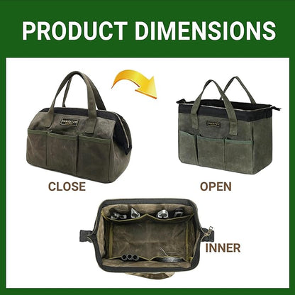13-inch Tool Bag, Heavy Duty Wide Mouth Water-Resistant Tool Bag, Tool Tote with Handle for Tools, Wrenches, Screwdrivers (13 X 7 X 9 inch) | ArmyGreen