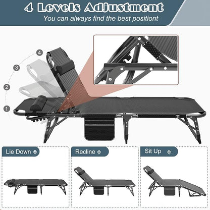 DoCred Heavy Duty Chaise Lounge Chair, Adjustable 5-Position Folding Chaise Lounge Chairs for Outside, Portable Lay Flat Beach Lounge Chair for Outdoor Sunbathing Beach Pool Lawn Camping