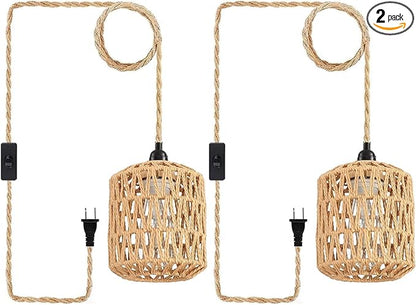 Plug in Pendant Light, Industrial Hanging Light with Plug in Cord Hemp Rope On/Off Switch Farmhouse, Vintage Pendant Light Fixture, Hanging Lamps for Dining Room