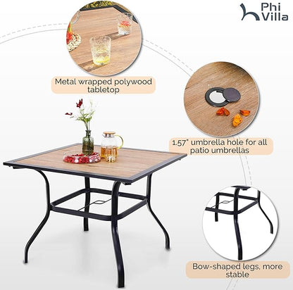 PHI VILLA 5 Piece Outdoor Dining Table Set for 4, 37" Wood Top Metal Dining Table with Umbrella Hole & 4 Cushioned Rattan Chairs for Patio, Deck, Porch, Yard