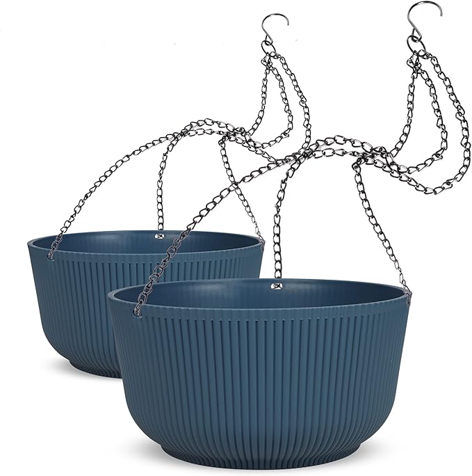 Dexceder 9.8 Inch Self Watering Hanging Planters Indoor Outdoor, Thickened Hanging Basket Flower Plant Pot (2 Pack, Deep Blue)