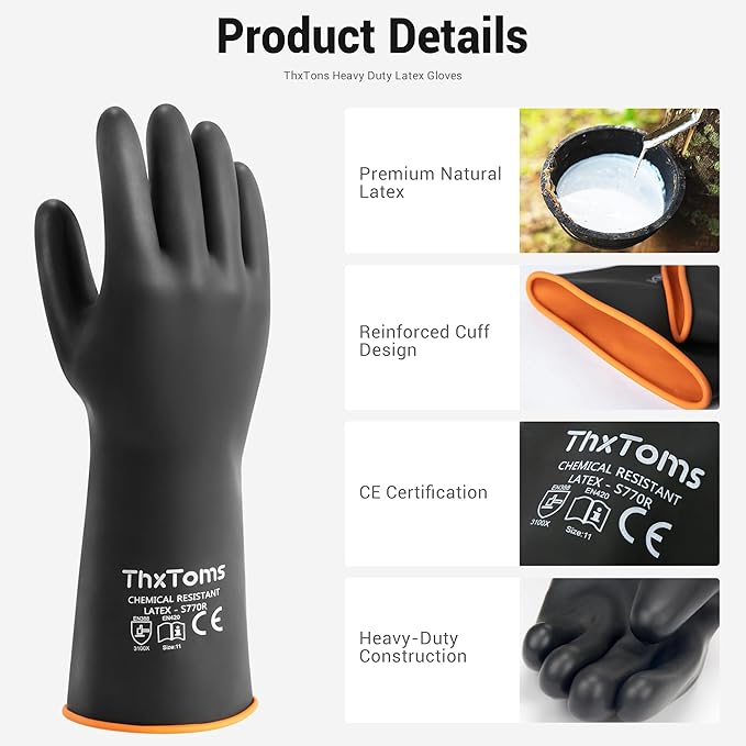 ThxToms Heavy Duty Latex Gloves,Long Rubber Gloves, Chemical Resistant Gloves,Puncture Resistant, Resist Acid,Oil,Alkali, Waterproof for Industrial Cleaning, Gardening, 22", 1 Pair