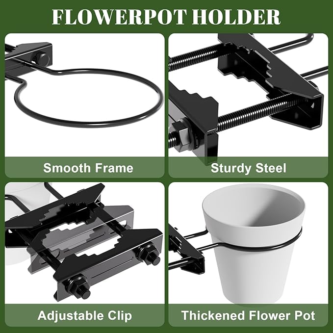 Hanging Flower Pots Holder, 2 Set Deck Railing Plant Container Holder with Pot, Pipe Clip Fence Planters Tray for Indoor & Outdoor Fence Balcony Patio Porch Railing