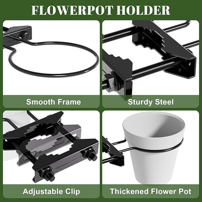 Hanging Flower Pots Holder, 2 Set Deck Railing Plant Container Holder with Pot, Pipe Clip Fence Planters Tray for Indoor & Outdoor Fence Balcony Patio Porch Railing