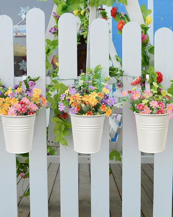 12 Pack Railing Planter for Outdoor Plants - 4 Inch Small Balcony Hanging Flower Pots with Detachable Hooks and Drain Holes Metal Oval Bucket Rail Box Fence Planters for Home Garden Decor, Cream White