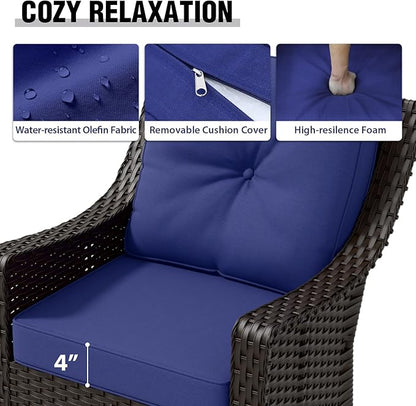 COOS BAY Stone Harbor Wicker Outdoor Furniture Set, All Weather Patio Conversation Sets, Rattan Outdoor Sofa Set, Rocking Chairs, Couch, Ottomans, and Side Table, 6 Pieces, Brown/Blue