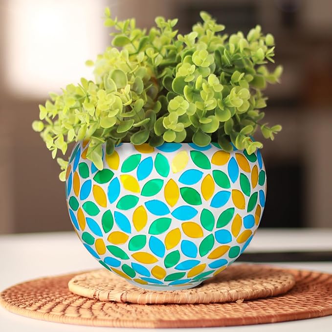 Hanging Planter Mosaic Garden Pot Small Flower Pot for Indoor Plant Disco Ball Hanging Planter with Drainage Green Yellow