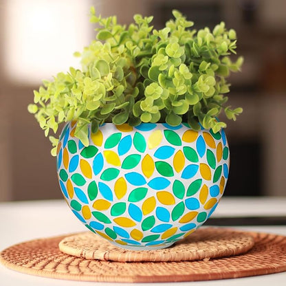 Hanging Planter Mosaic Garden Pot Small Flower Pot for Indoor Plant Disco Ball Hanging Planter with Drainage Green Yellow