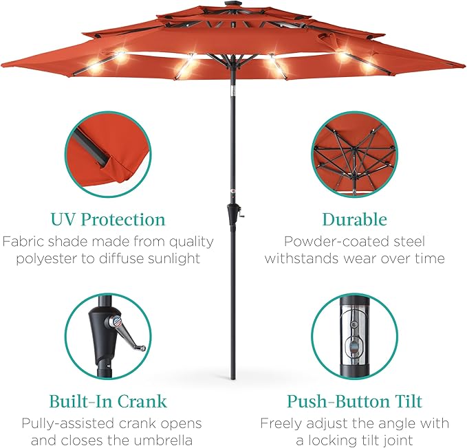 Best Choice Products 10ft 3-Tier Solar Patio Umbrella, Outdoor Market Sun Shade for Backyard, Deck, Poolside w/ 24 LED Lights, Tilt Adjustment, Easy Crank, 8 Ribs - Rust