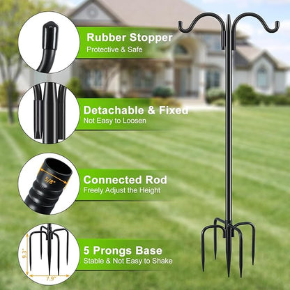 Gtongoko Bird Feeder Pole for Outdoors Heavy Duty, 2 Pack 63 Inch Double Shepherds Hook with 5-Prong Stable Base, 5/8 Inch Thick Hummingbird Feeder Stand for Hanging Plants, Lanterns