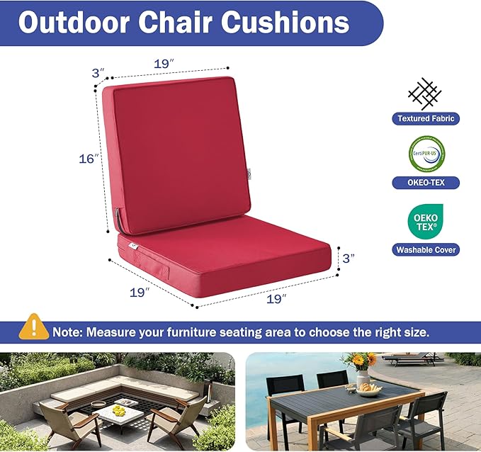 IPYNBAP Outdoor Cushions, Outdoor Chair Cushions 19x19x3 Inch, Cushions for Outdoor Furniture with Removable Cover, Waterproof & Fade Resistant Outdoor Seat Cushions for Patio, Lawn, Burgundy