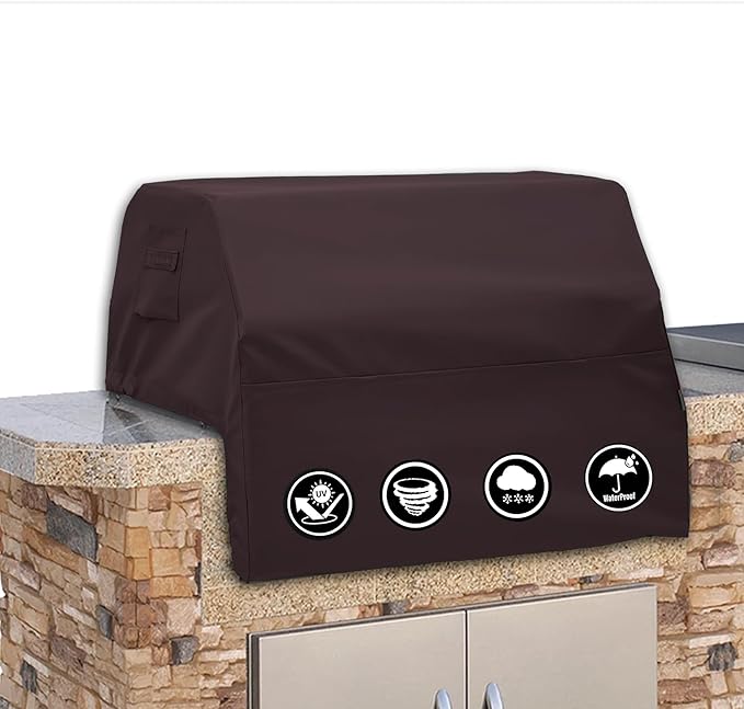 Covers & All Built-in Grill Cover for Outdoor Grill – Heavy Duty 12 oz Waterproof Built-in BBQ Grill Cover, PVC-Coated Polyester with Elastic Hem for Snug Fit (45 x 27 x 24.75 inches, Coffee)