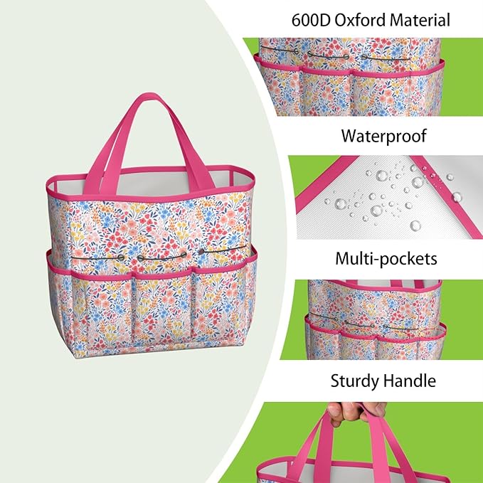 Boho Garden Tool Bag - Waterproof Floral Garden Tote with 8 Pockets, Large Storage Home Organizer Gardening Tool Oxford Bag for Garden Tools Kits Holder, Ideal Outdoor Gardening Gift for Women & Men