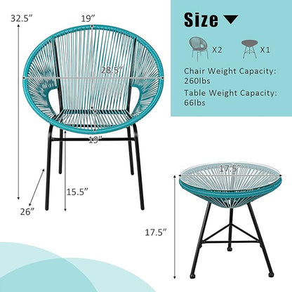 COSTWAY 3-Piece Outdoor Acapulco Chair Set, Wicker Conversation Bistro Sets with Plastic Rope, Glass Top Table, Patio Rattan Furniture Set for Garden, Balcony, Lawn, Backyard, Apartment, Turquoise