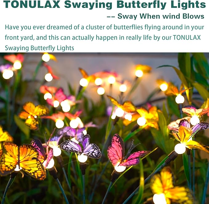 TONULAX Solar Garden Lights - 10 Pack Swaying Butterfly Light, Swaying in The Wind, Solar Outdoor Lights, Yard Patio Pathway Decoration, High Flexibility Iron Wire & Realistic Butterflies(10 Pack)