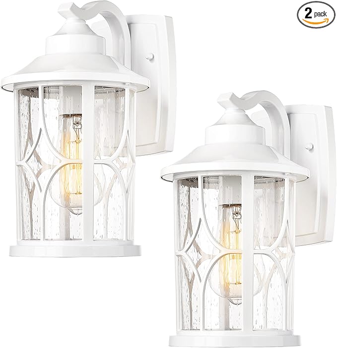 zeyu 2 Pack Outdoor Wall Sconce Lights, Modern Farmhouse Outdoor Porch Lights for House, Die-Cast Aluminum in White Finish, Seeded Glass Shade, ZX48B-2PK WH