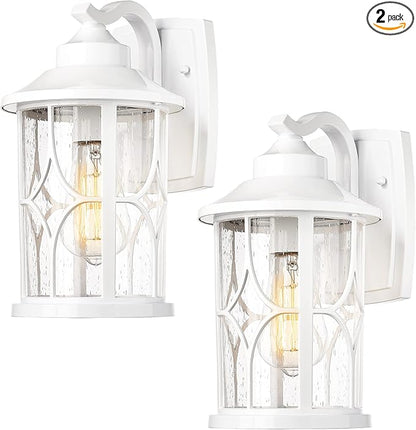 zeyu 2 Pack Outdoor Wall Sconce Lights, Modern Farmhouse Outdoor Porch Lights for House, Die-Cast Aluminum in White Finish, Seeded Glass Shade, ZX48B-2PK WH
