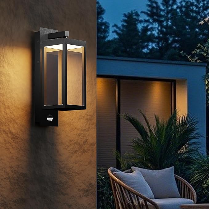 Outdoor Light Wall Sconce Motion Sensor Porch Light for House,15" LED Modern Exterior Lighting Fixture Black,Waterproof Outside Lantern with Clear Glass for Garage Patio Garden,750LM,3000K
