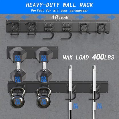 CBWLWJ Garage Tool Organizer Wall Mount, 48 inch Garage Wall Organizer, 400lbs Sturdy Garden Tool Organizer with 6 Adjustable Hooks, for Yard, Shed, Basement, Workshop(Black)