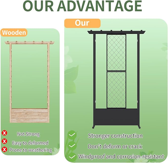 74" Mobile Planter with Trellis,Weatherproof Vertical Raise Garden Bed with Trellis & Hanging Roof for Climbing Plants,Flowers,Vegetables,Rust-Proof Metal Privacy Planter for Patio (Black-A)
