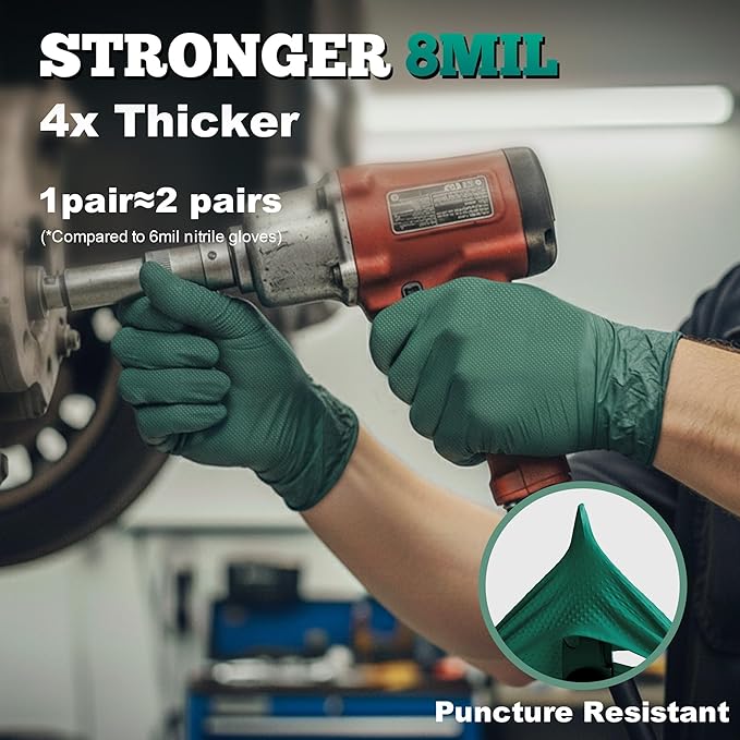 TitanFlex Heavy Duty Industrial Nitrile Gloves with Raised Diamond Texture, 8-mil, Latex Free (Green/Dark Green/Yellow)