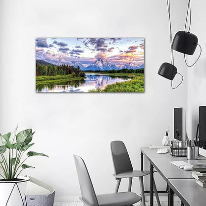 arteWOODS Landscape Canvas Wall Art Nature Picture Oxbow Bend Grand Teton National Park Modern Canvas Artwork River and Forest Contemporary Wall Art Large Size for Home Office Decoration 24" x 48"