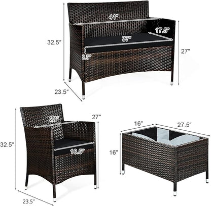HAPPYGRILL 4 Pieces Patio Sofa Set Rattan Wicker Furniture Patio Conversation Set with Cushioned Sofa and Coffee Table for Outdoor Backyard Garden Poolside