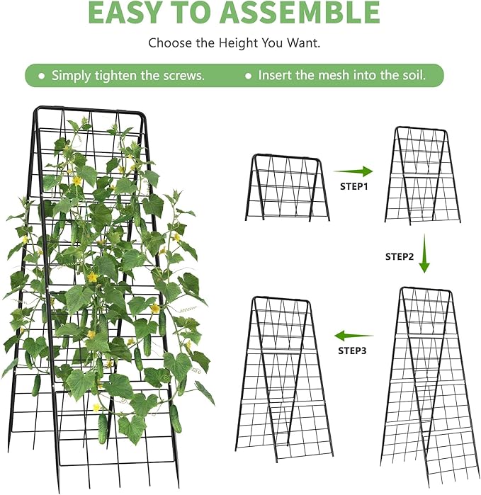 DoCred Cucumber Trellis, 71" H 2 Pack Metal Foldable Upgraded A Frame Garden Trellis for Raised Bed Climbing Plants, Vegetables, Including Plant Support Clips, Twist Ties, Plastic Ties, Black