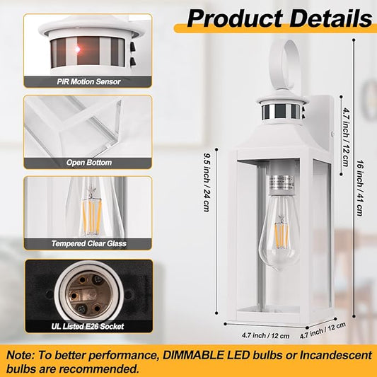 White Motion Sensor Outdoor Light, 16" Dusk to Dawn Outdoor Lighting, Exterior Wall Sconce Waterproof, Large Outside Lamps for House, Modern Wall Mount Porch Lanterns 3 Modes