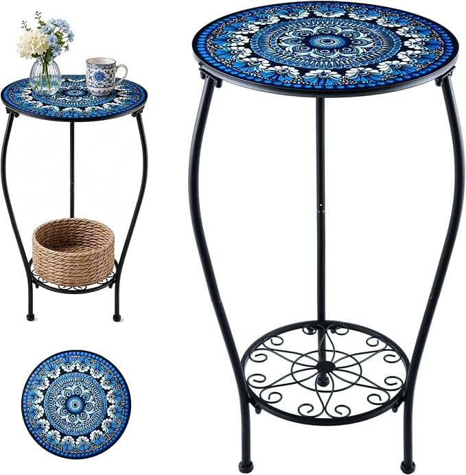 Two-tiered 13 Inch Metal Round Side Table Set of Two Small Black Outside End Table for Patio Round Accent Garden Corner Stand for Small Spaces Weather-resistant Outdoor Coffee Table for Balcony