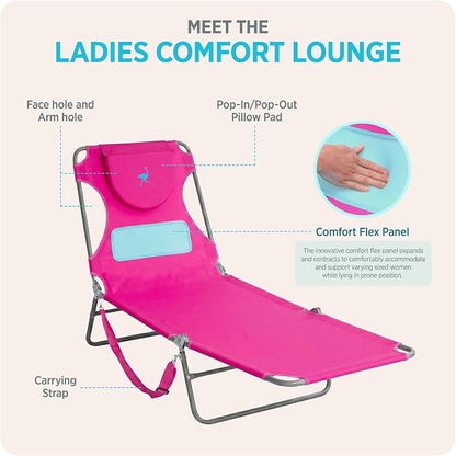 Ostrich the Ladies Comfort Lounger with Chest Support, Foldable and Portable Reclining Outdoor Patio Beach Lawn Camping Pool Tanning Chair, Pink