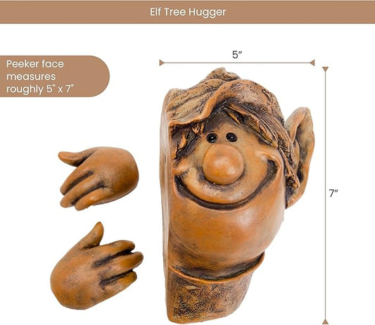 Bits and Pieces - Elf Tree Hugger - Yard Decorations - Whimsical Tree Sculpture - Garden Decoration - Garden Peeker Yard Art