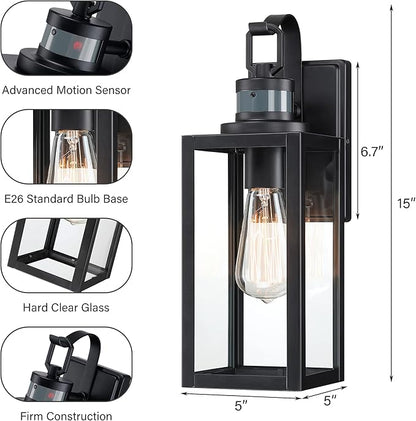 Pia Ricco Motion Sensor Outdoor Wall Lantern, Dusk to Dawn Lighting Sconce, Modern Matte Black Exterior Light Fixture, Waterproof Mount Porch Lights With Clear Glass for Garage, ETL Listed