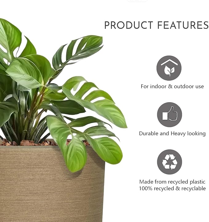 11" H Plant Pot, Resin Sandy Brushed Wood Texture Flower Planters with Drain Hole, Removable Rubber Stopper - for Most Plants and Flowers