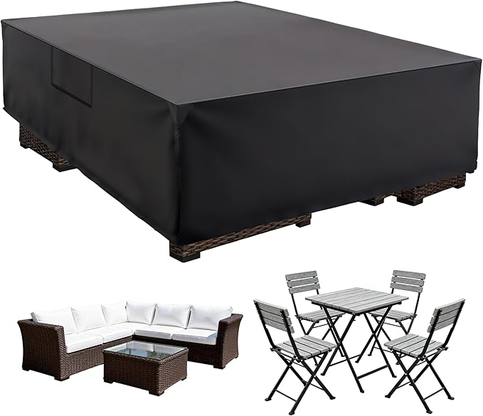 DUMOS Outdoor Furniture Cover Rectangular Heavy Duty 600D Waterproof UV Resistant Patio Sofa Couch Sectional Cover for Deck Table Chairs Backyard Dining Sets, 111"L x 74"W x 28"H, Classic Black